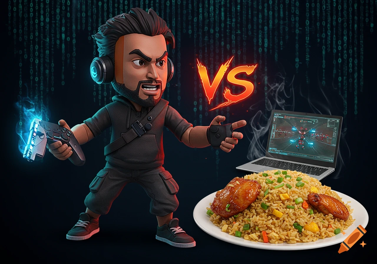 A cartoon gamer in headphones holds a controller, facing a laptop and a plate of chicken fried rice with a glowing 'VS' between them, on a matrix background.