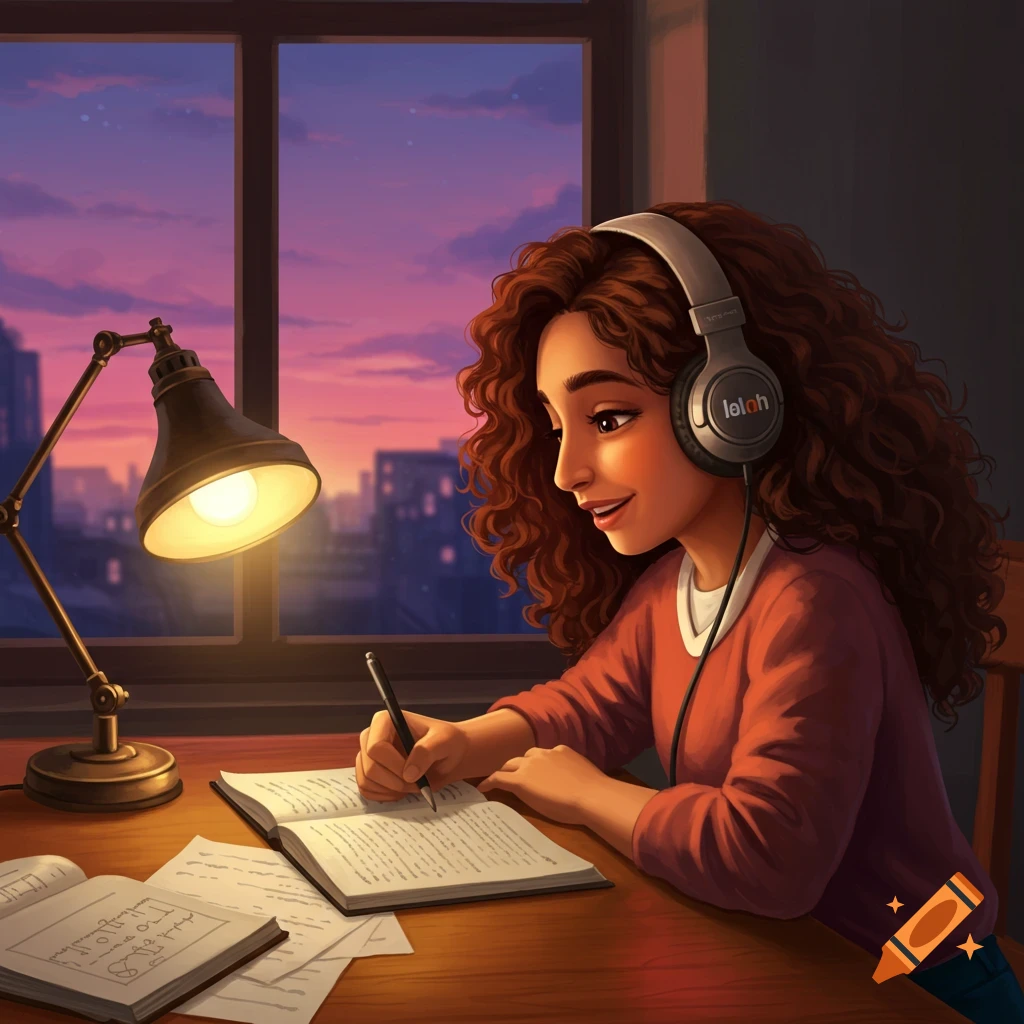 An Indian girl with curly hair, wearing headphones, studies at a desk by a window at sunset in a detailed illustration.