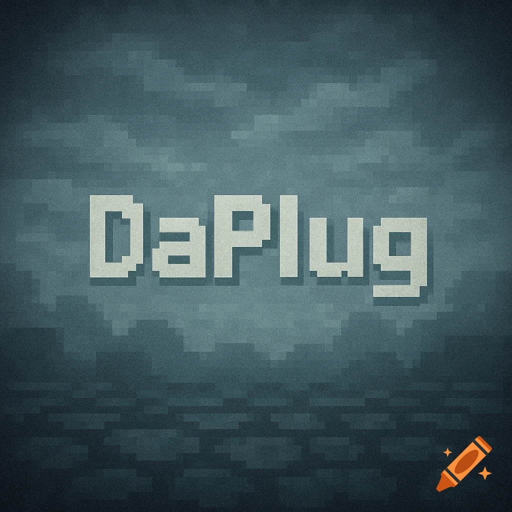 Pixel art with the word 'DaPlug' in a blocky font against a dark, pixelated background resembling a Minecraft-style sky.