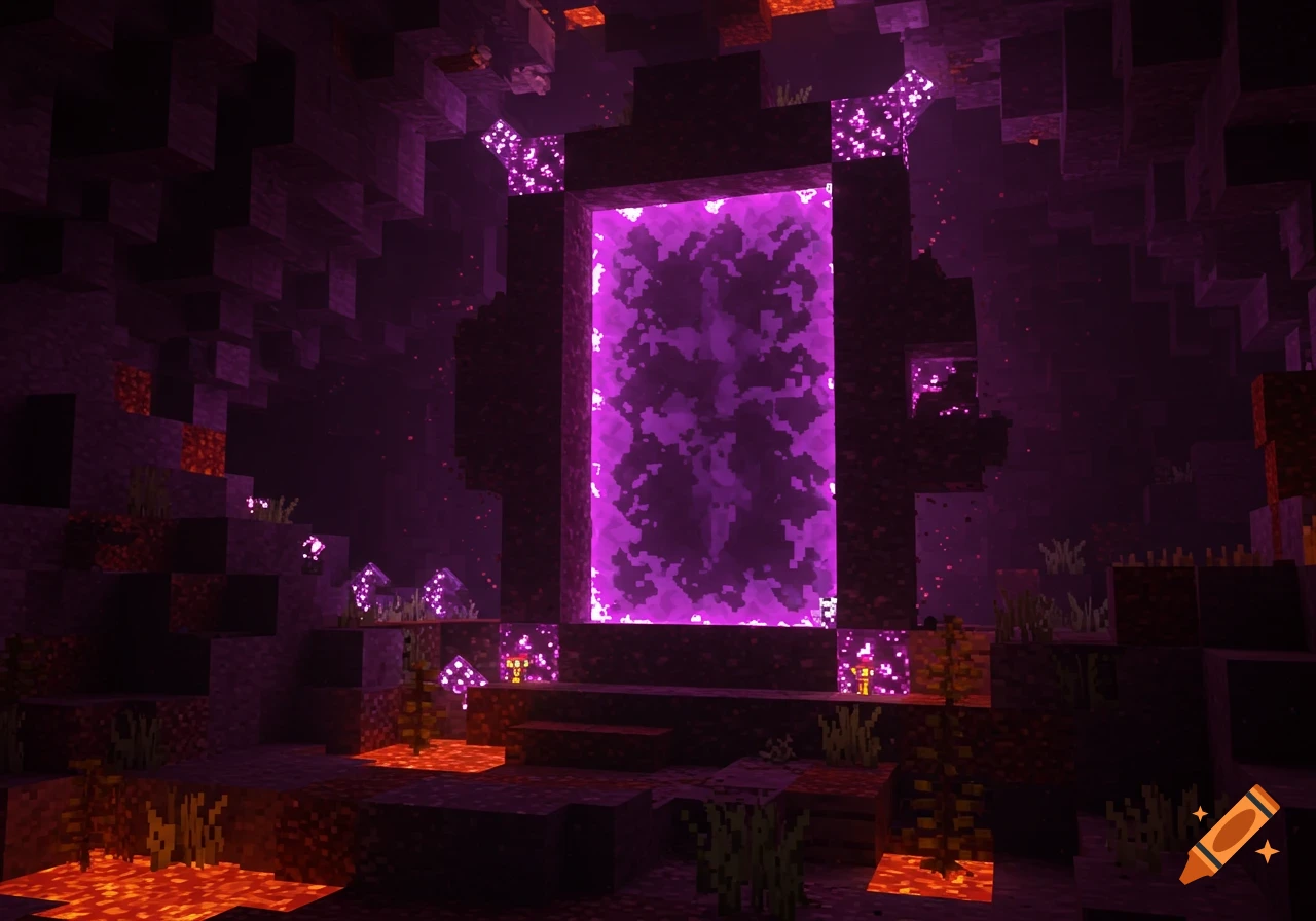 A glowing purple Minecraft Nether portal stands in a dark, blocky cave with lava pools and glowing purple mushrooms.