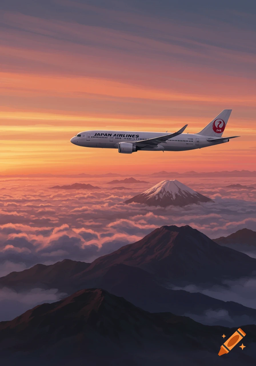 A Japan Airlines plane flies over colorful clouds and snow-capped mountains at sunset, in an illustrated style.