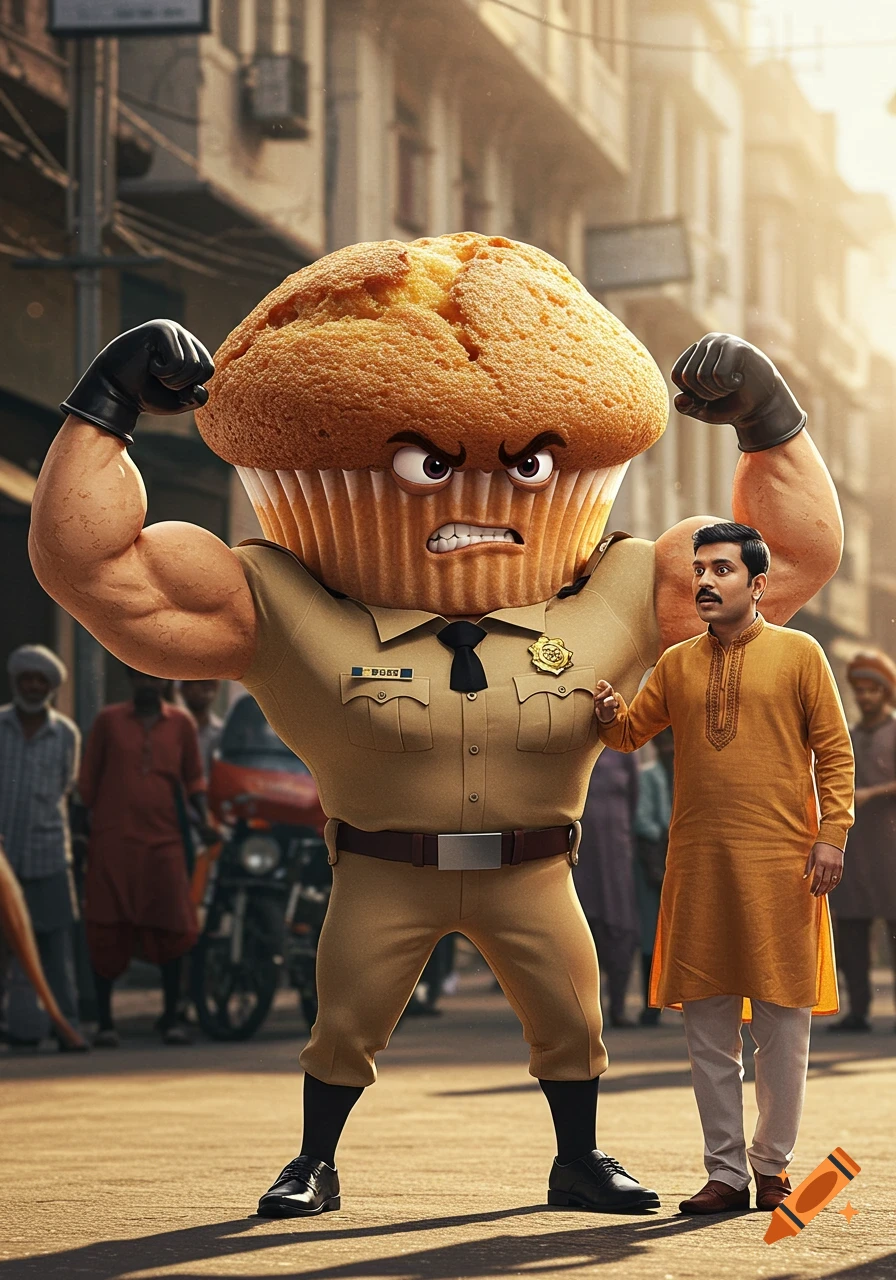 A muscular, angry humanoid muffin in a police uniform flexes its arm next to a surprised Indian man on a city street.