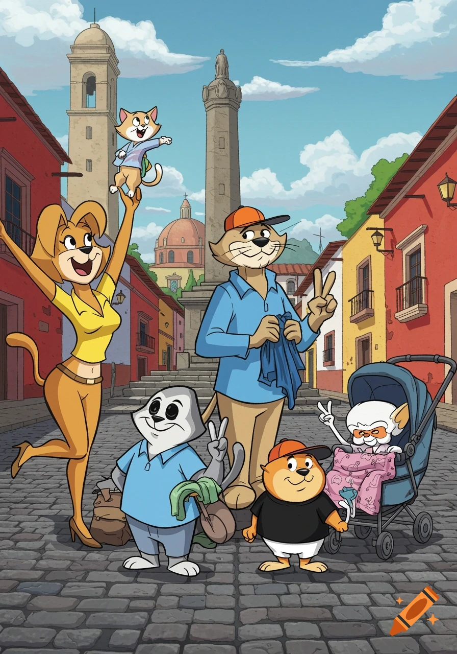 Cartoon anthropomorphic cats resembling Top Cat characters in a colorful Mexican town square with stone monuments and cobblestone streets.