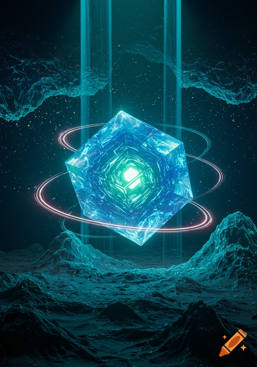A glowing, crystalline blue-green cube floats in a dark, starry alien landscape with textured rock formations.