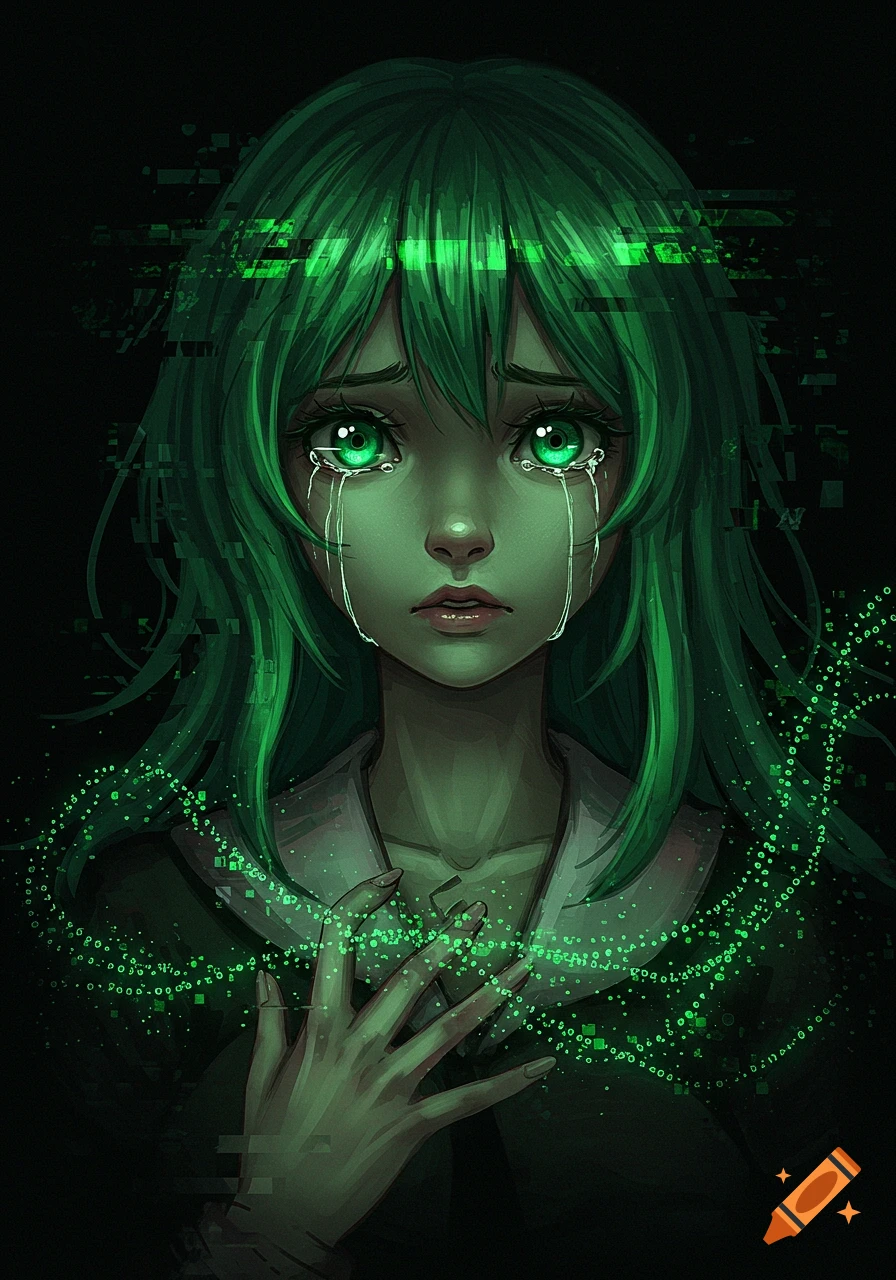 Crying anime girl with vibrant green hair and glowing eyes, surrounded by digital glitch effects and data streams on a black background.