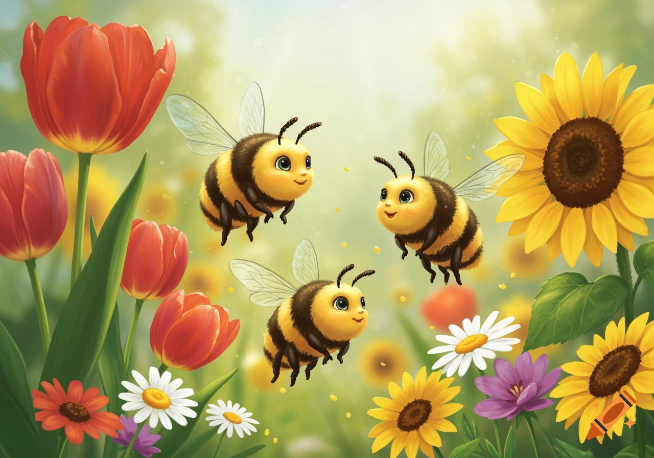 Three cute cartoon bees fly happily among colorful red tulips, yellow sunflowers, and white daisies in a bright garden.