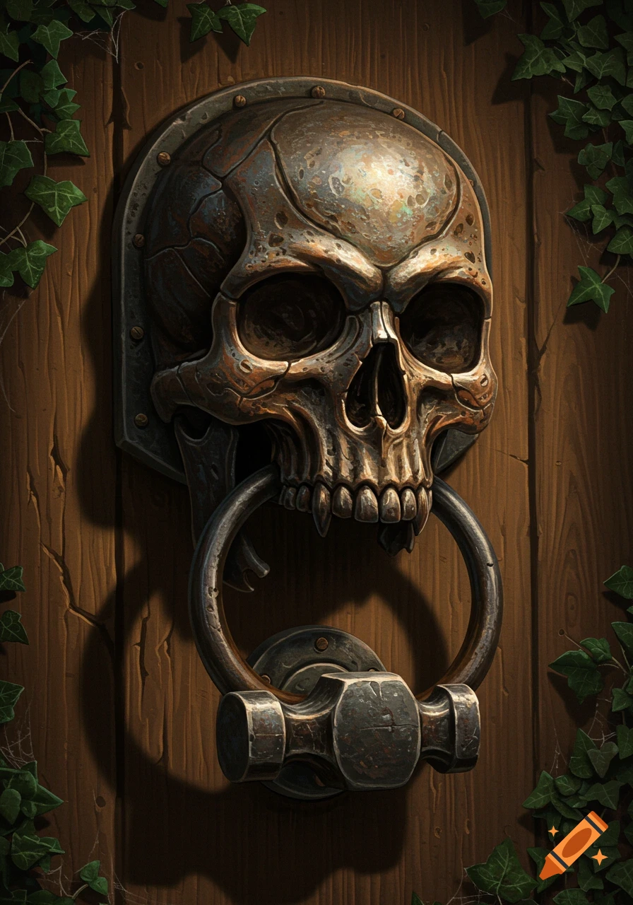 A detailed, gothic skull door knocker with a metal ring through its mouth, set against a wooden door with ivy.