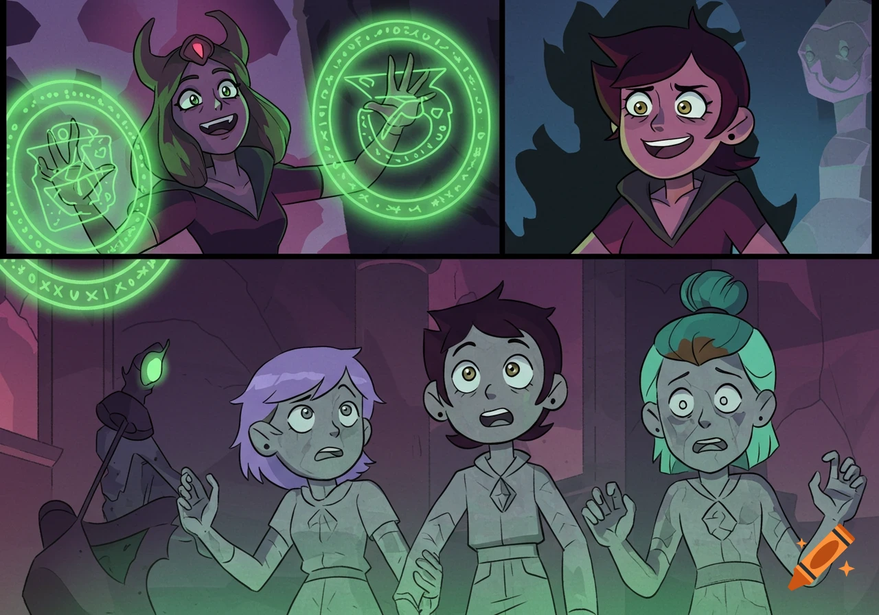 A comic panel shows a green-skinned witch casting a spell with glowing runes, while another panel shows three characters turned to stone, looking surprised.