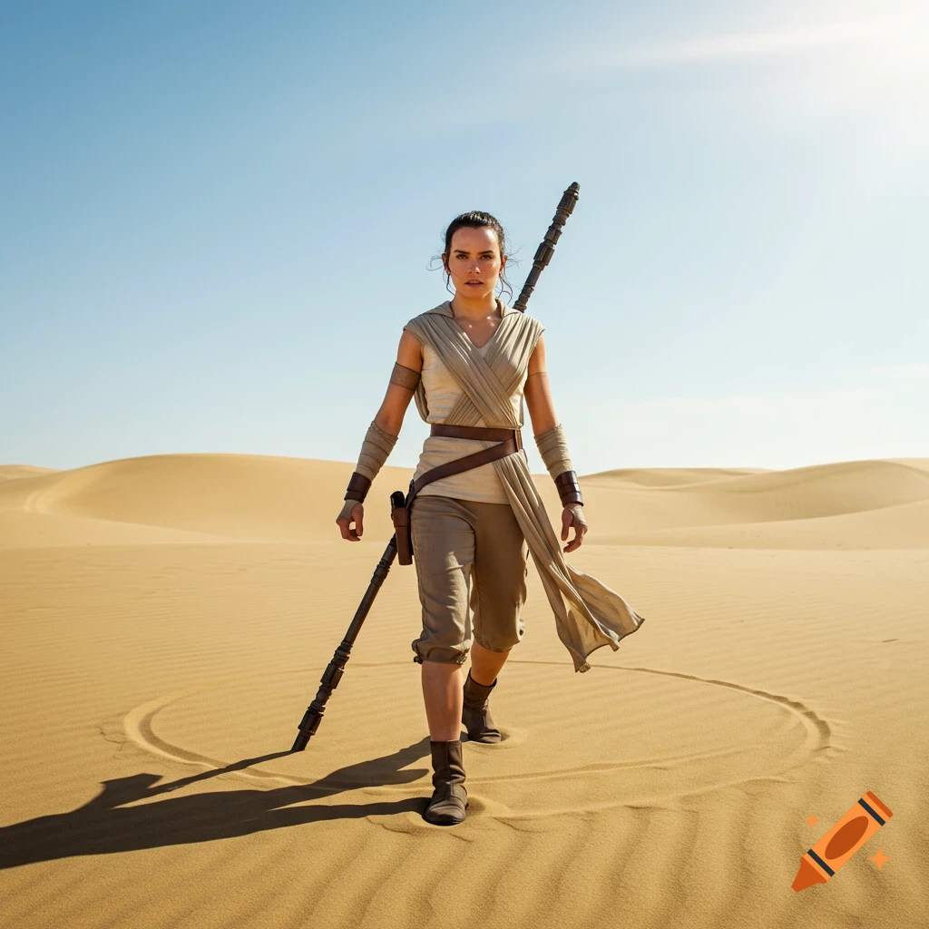Photorealistic image of Rey from Star Wars, wielding her staff, walking purposefully through a vast sandy desert under a clear blue sky.