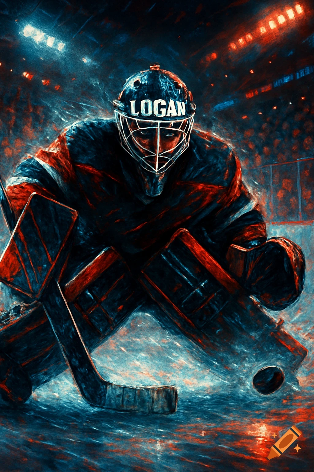 A stylized, high-contrast image of a hockey goalie in red and blue gear, with 'LOGAN' on the helmet, on an ice rink.