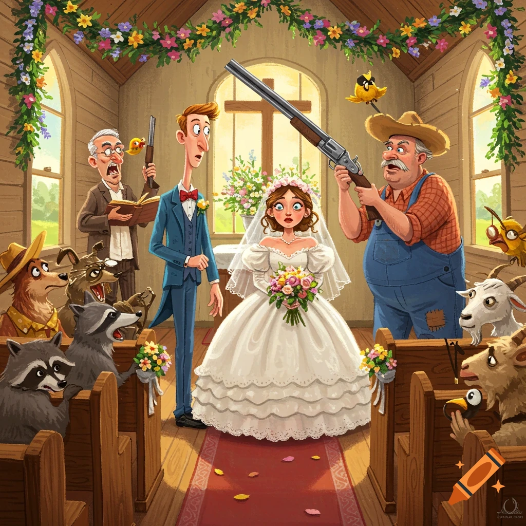 Cartoon of a forced 'shotgun wedding' in a church, with a farmer holding a shotgun, a shocked bride and groom, and surprised animals.