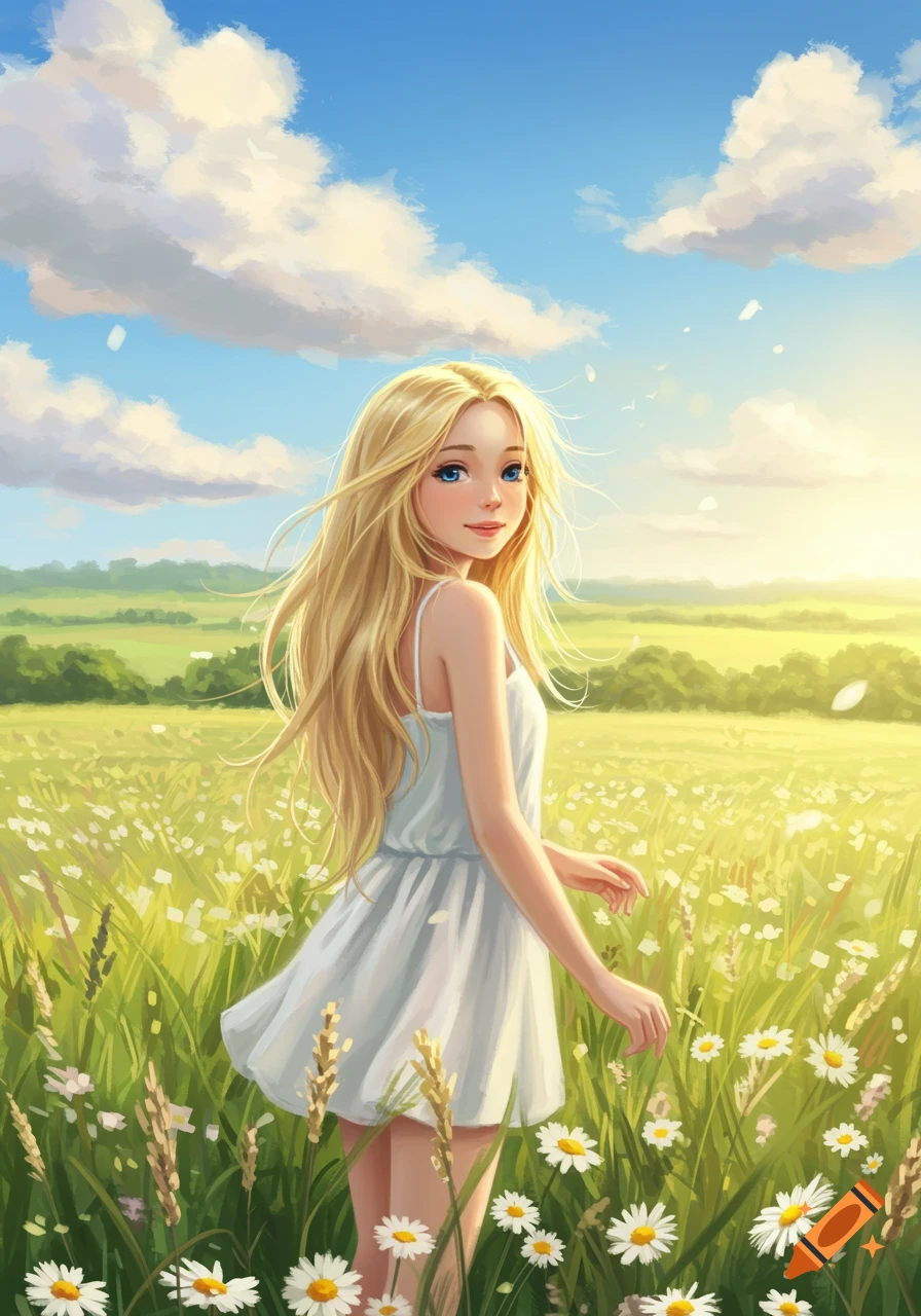 Anime-style illustration of a blonde girl in a white dress walking through a sunny field of daisies.