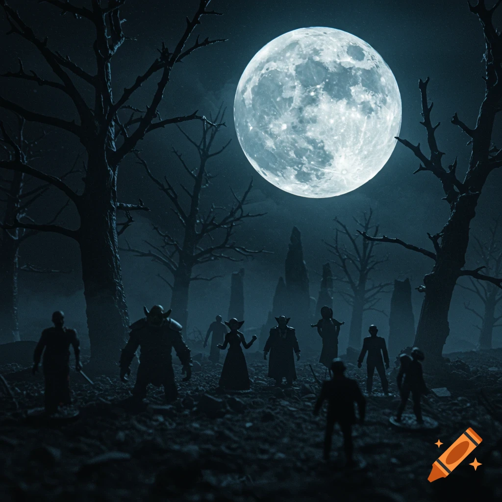 A group of miniature monster figures, including an ogre, vampires, and zombies, stand in a dark, eerie forest under a large full moon with leafless trees.
