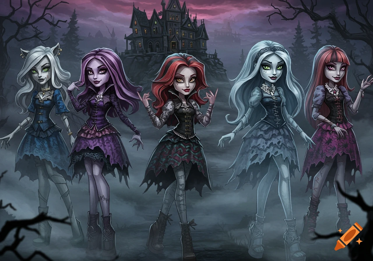 Five gothic monster girls in elaborate dresses stand in a foggy forest before a haunted mansion at twilight, in an illustrative style.