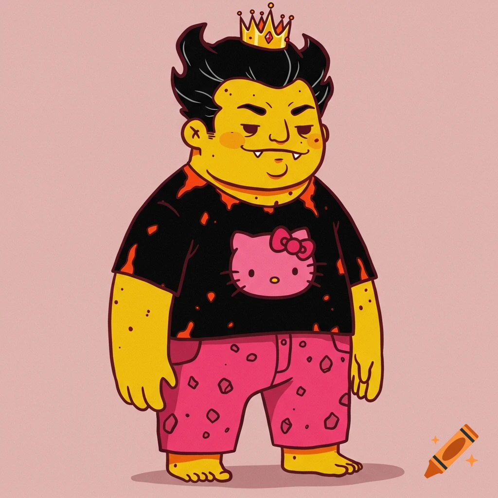 A yellow-skinned, fanged cartoon character with black spiky hair and a crown, wearing a black Hello Kitty shirt and pink patterned shorts.