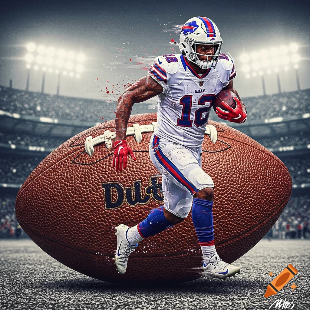 A stylized football player in a white Buffalo Bills jersey with number 12 runs with a football in a stadium.