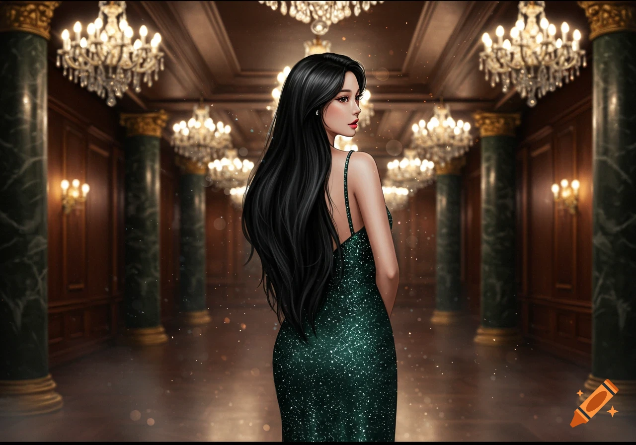 Elegant woman with long black hair in a sparkling green evening gown in a grand hall with chandeliers, digital art.
