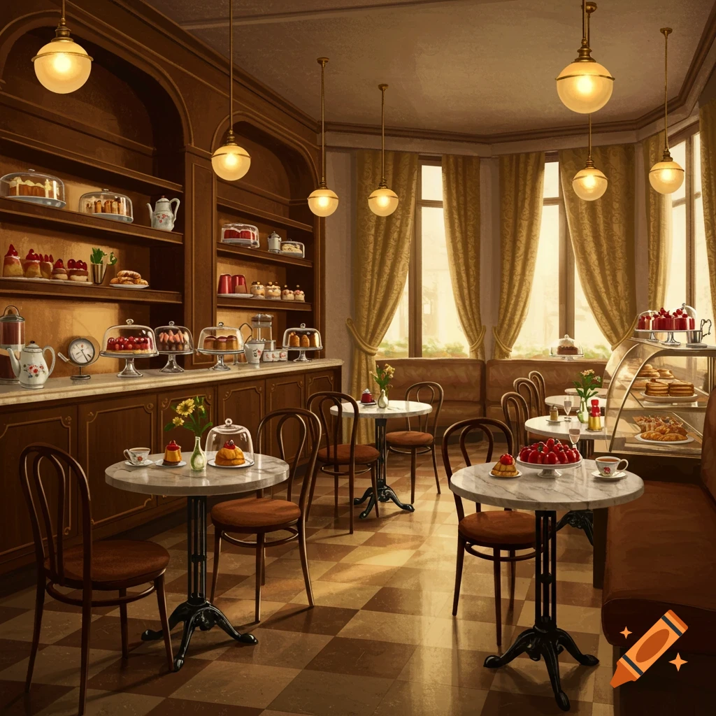 A charming retro vintage dessert shop interior with display cases of pastries, small tables, chairs, and golden curtains.