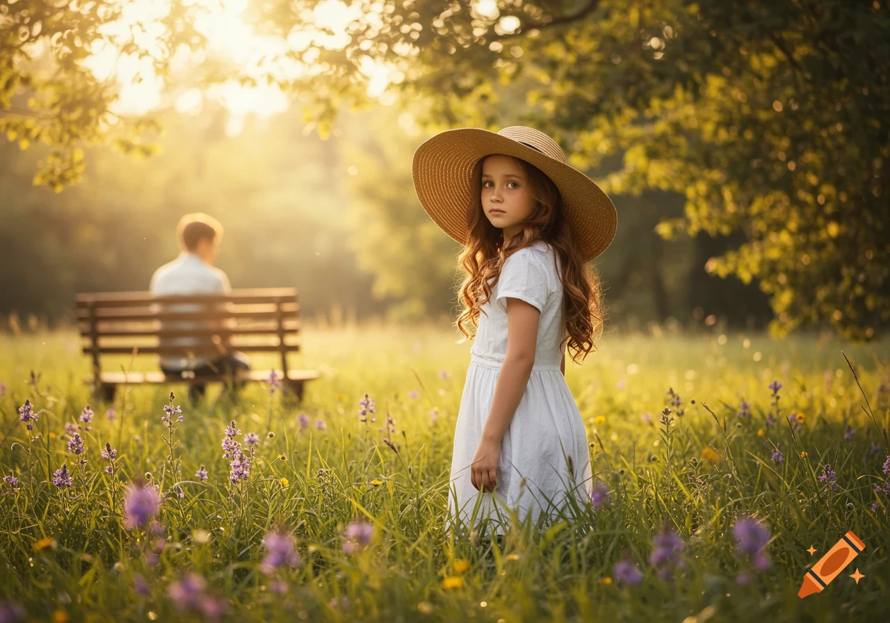 Young girl in a straw hat and white dress looks back in a sunny field of purple flowers, boy on bench in background, photorealistic.