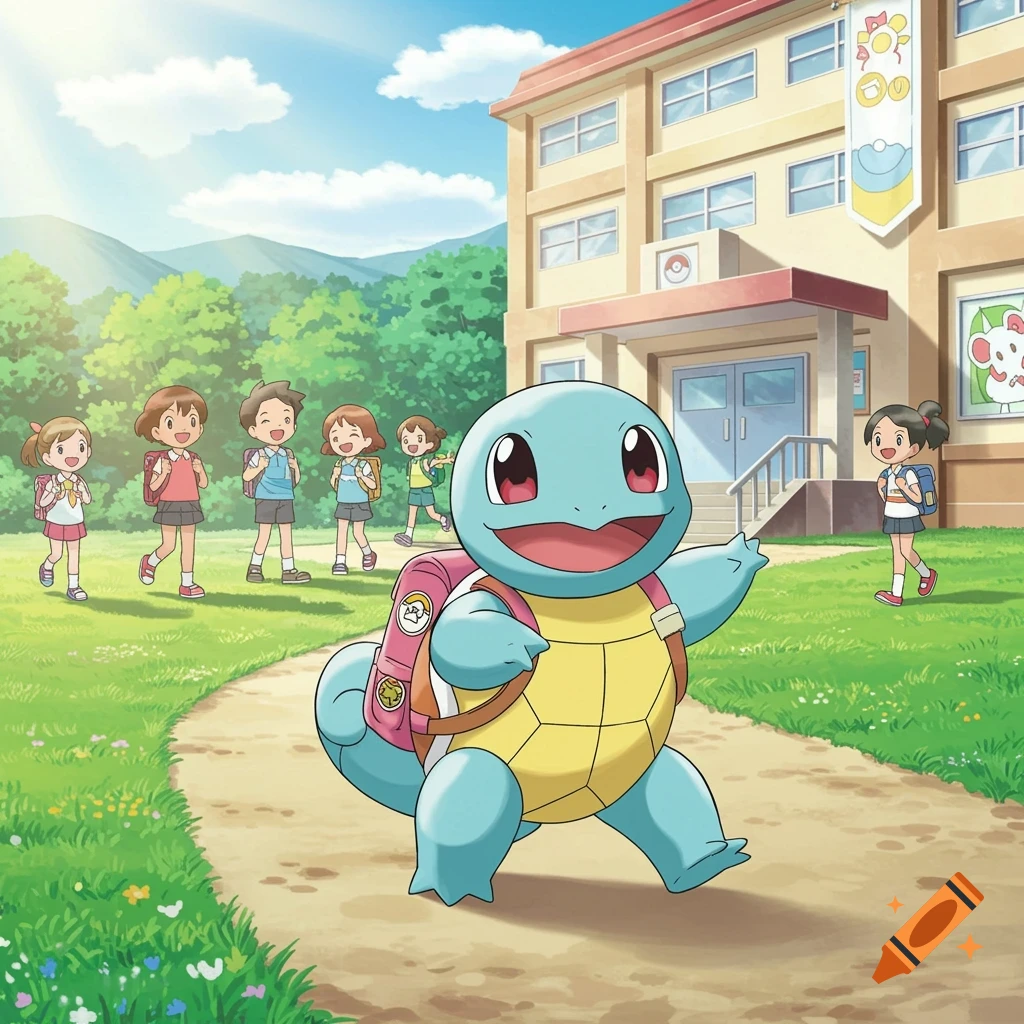 A cheerful Squirtle with a pink backpack walks towards an elementary school, while several children walk behind it on a sunny day in an anime style.