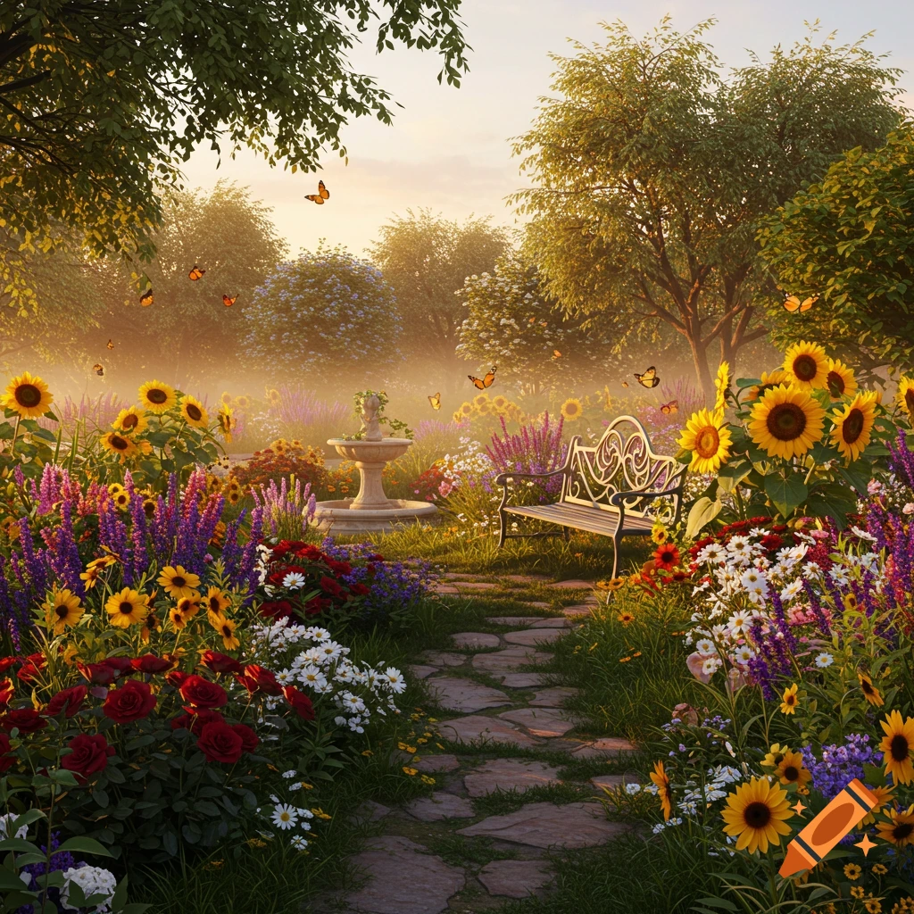 A sunlit garden path leading through vibrant sunflowers, roses, lavender, and daisies, with a fountain, bench, and butterflies.