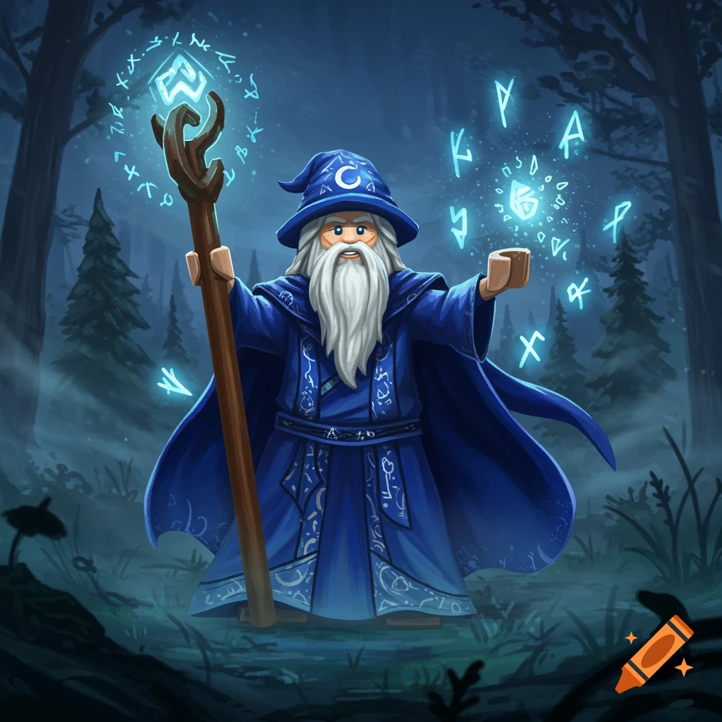 A Lego-style wizard with a long white beard and a blue robe stands in a dark forest, holding a staff with a glowing crystal and casting glowing runes.