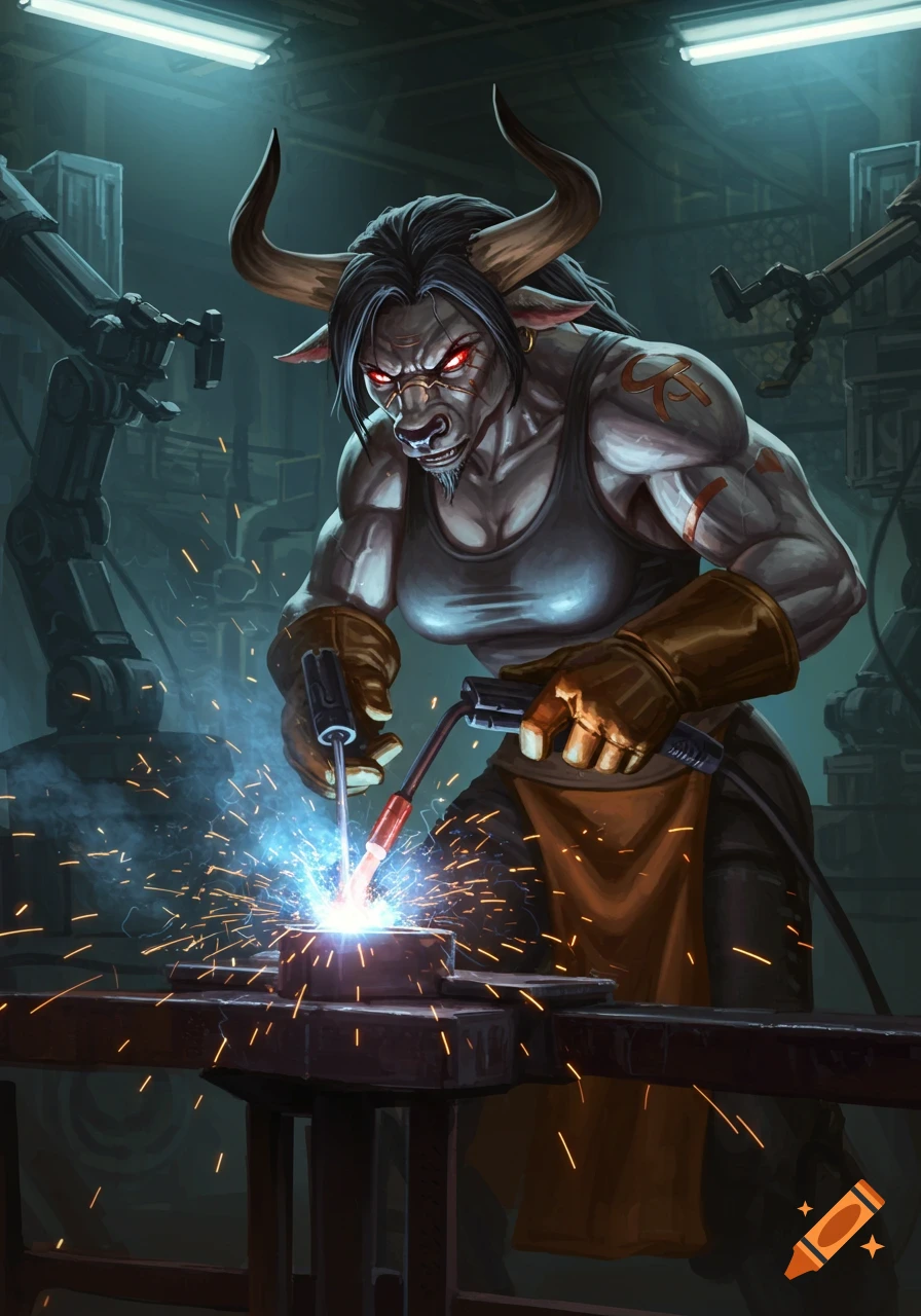 A strong, grey-skinned female minotaur with red eyes and horns welds metal in a dark industrial workshop, surrounded by sparks.