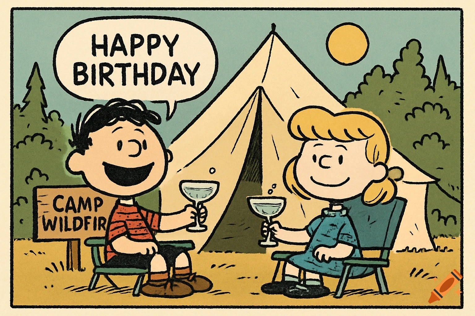 Two cartoon children, a boy and a girl, toast with drinks outside a tent with a 'Camp Wildfir' sign, in Peanuts comic style.