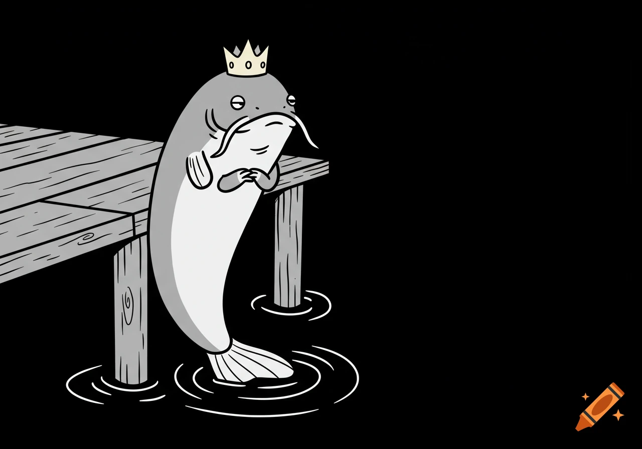 A simple black and white cartoon of a crowned catfish leaning on a wooden dock with its tail in the water.