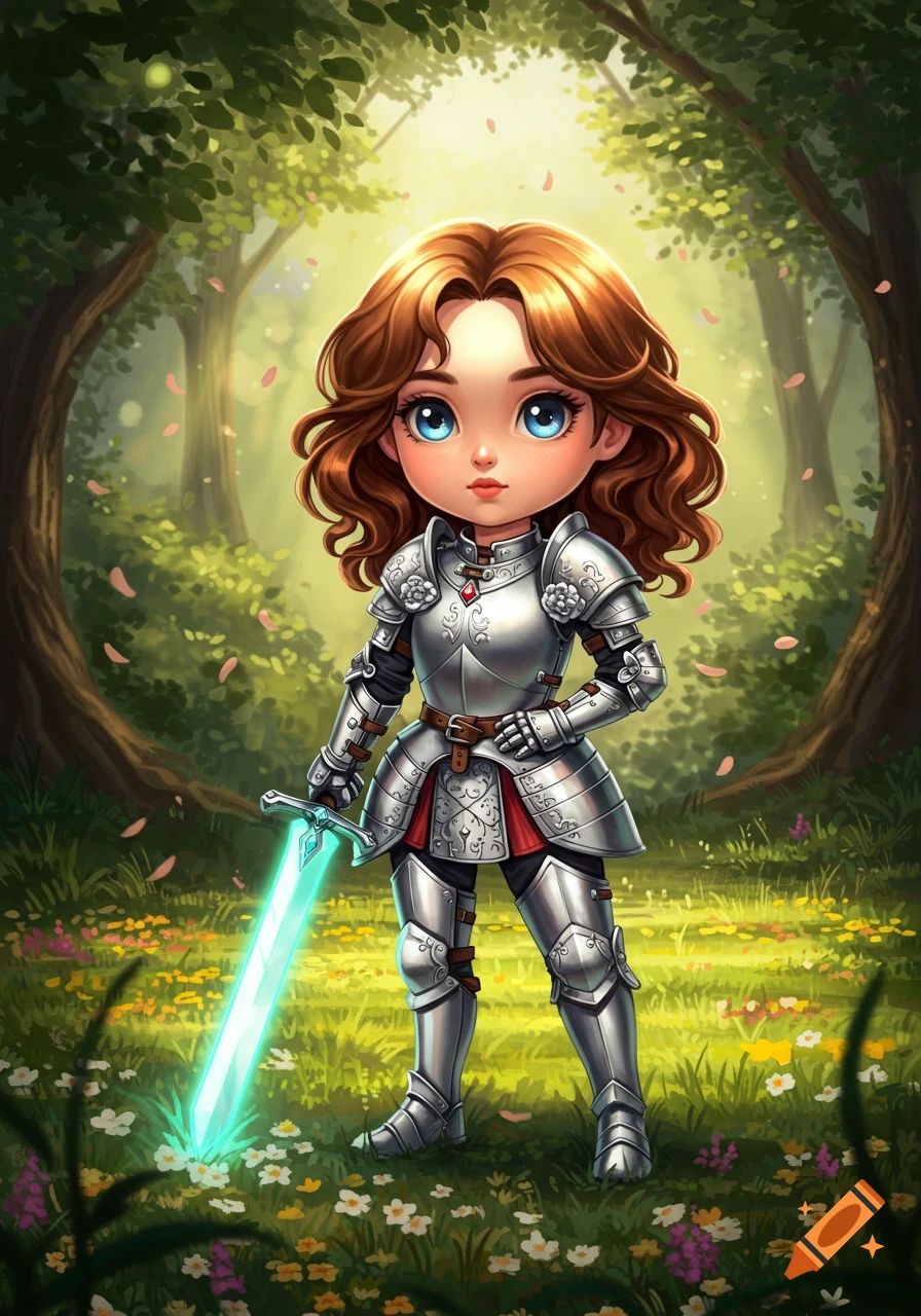 Chibi girl warrior in silver armor holding a glowing sword in an enchanted forest, fantasy illustration style.