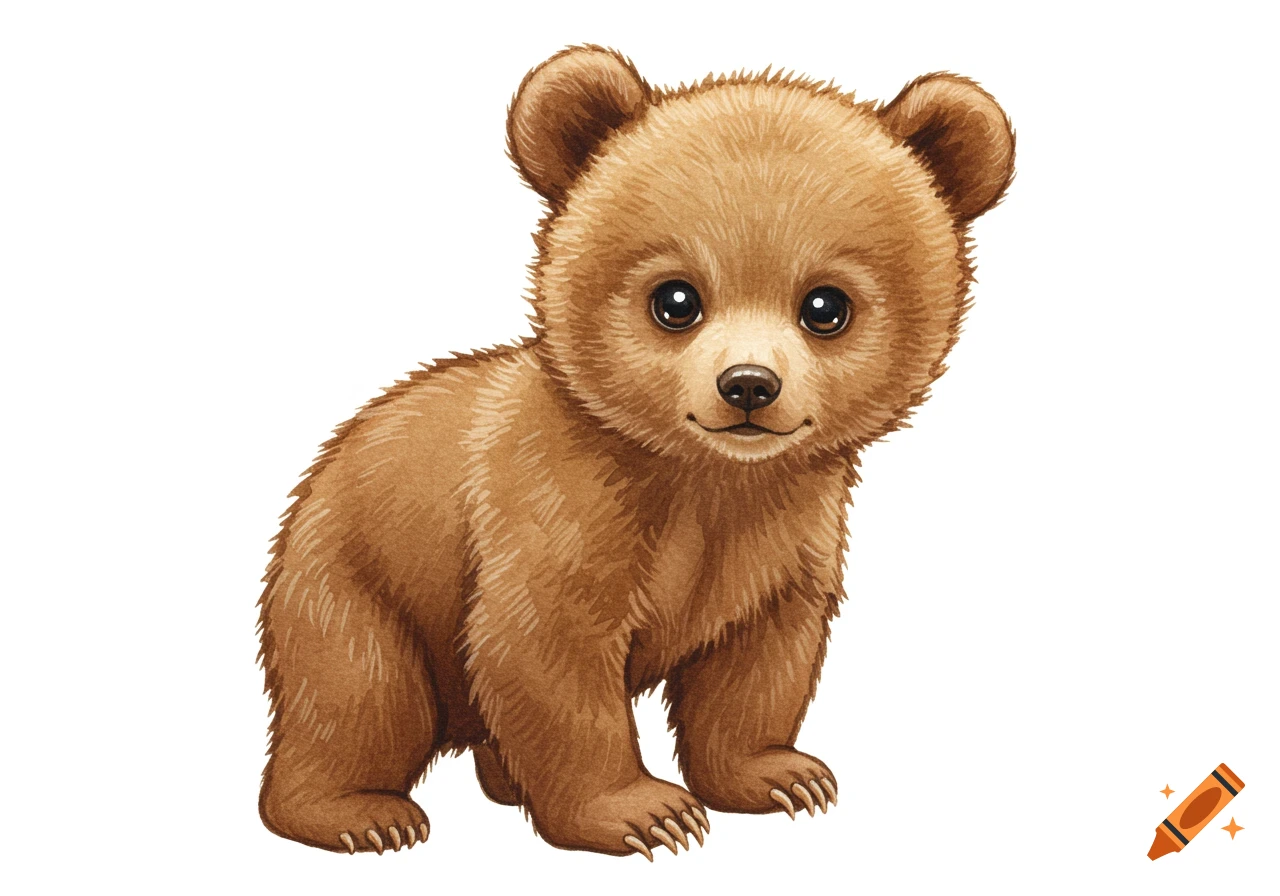A cute watercolor illustration of a baby brown bear looking forward on a white background.