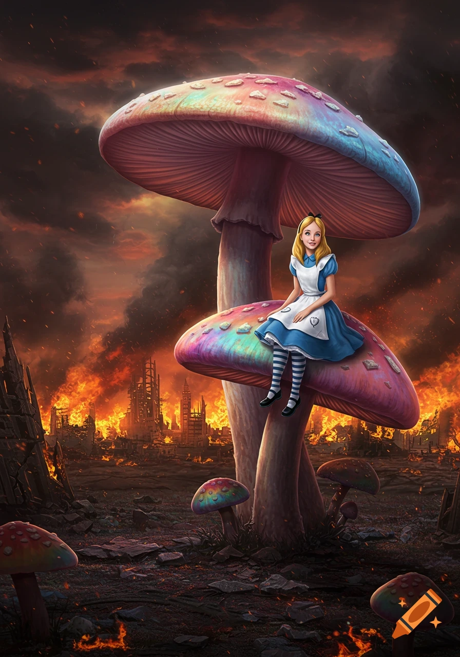 Alice in Wonderland sits smiling on a huge colorful mushroom, overlooking a burning, destroyed city in a vibrant fantasy illustration.