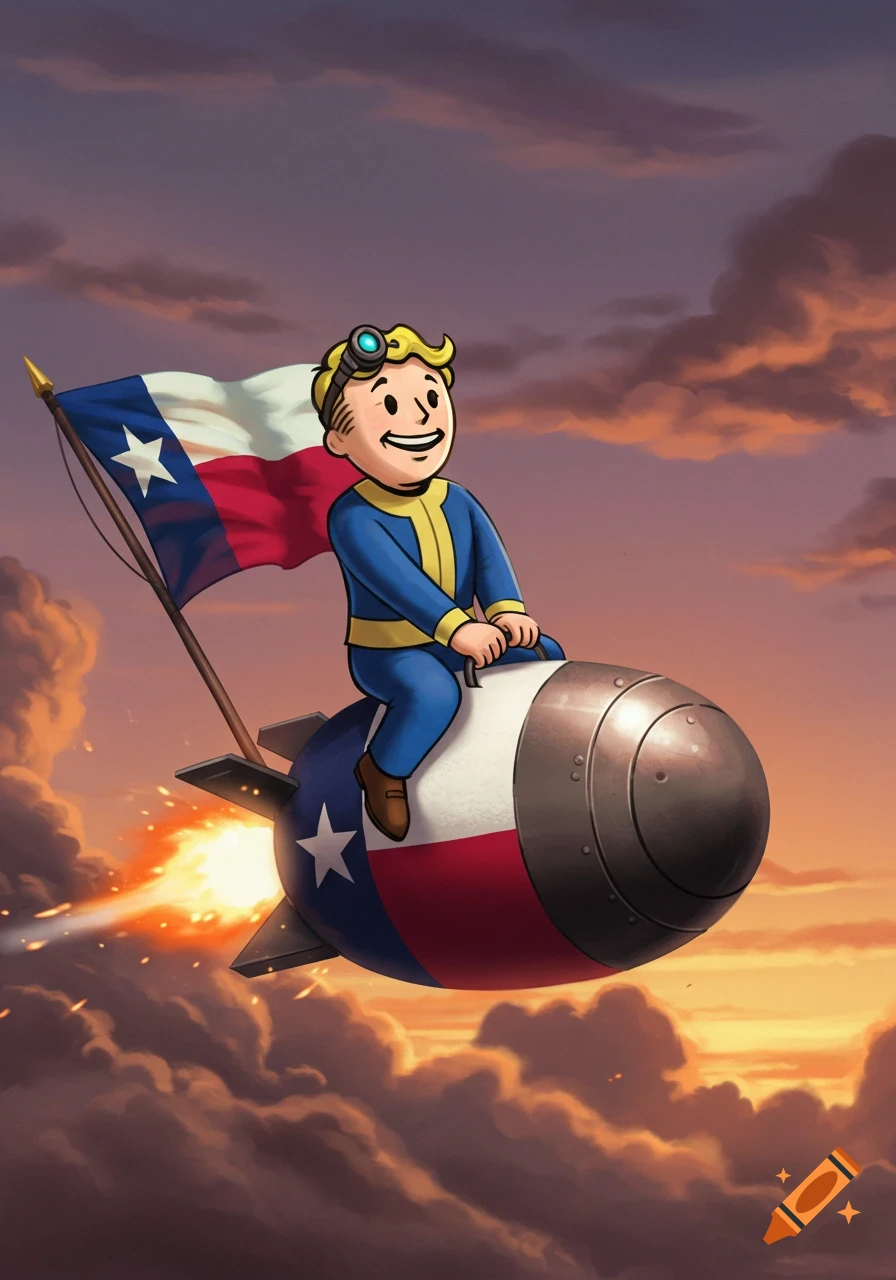 Vault Boy riding a Texas-flag-painted bomb, carrying a Texas flag, against a sunset sky.