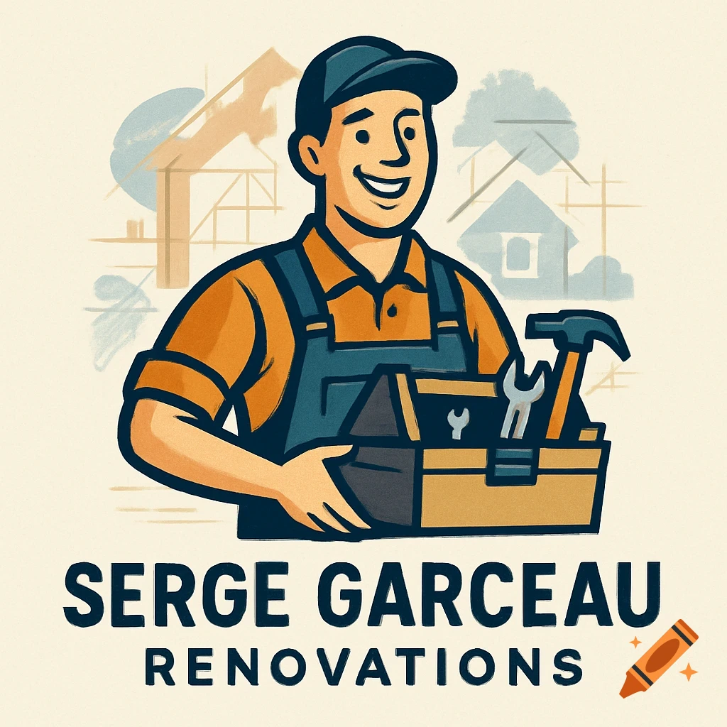 Cartoon illustration of a smiling handyman in overalls and a cap holding a toolbox, with buildings in the background. Text reads 'SERGE GARCEAU RENOVATIONS'.