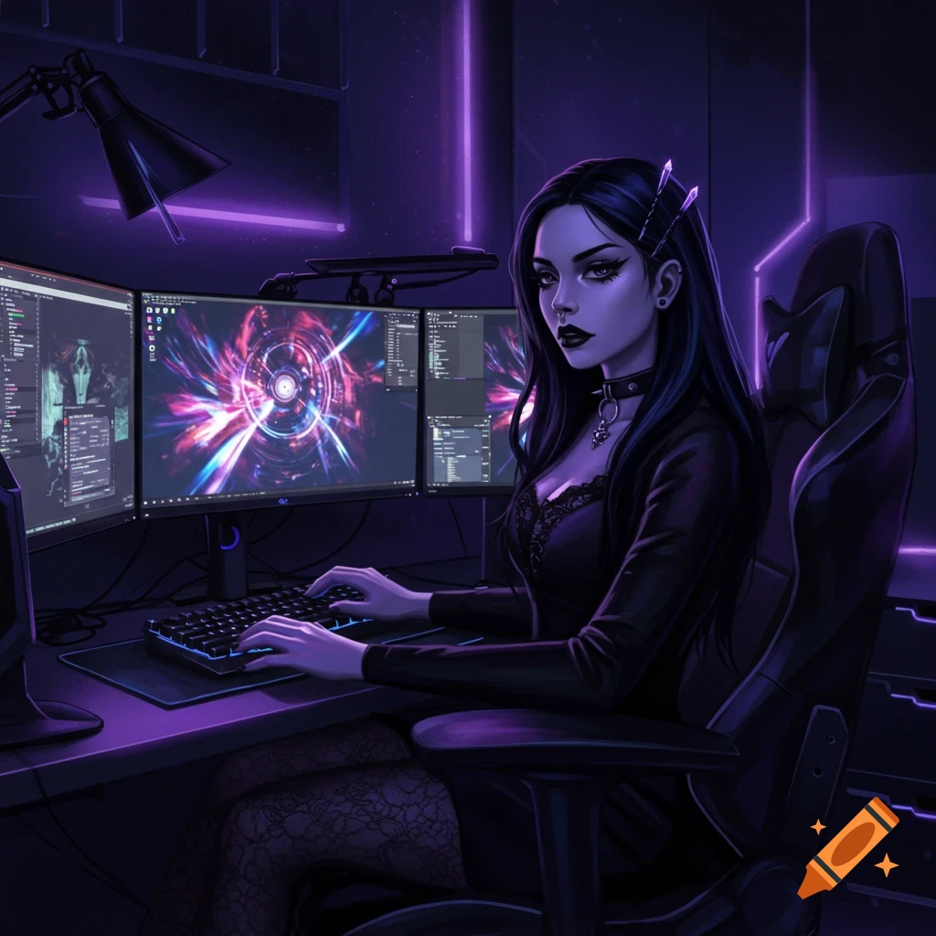 Stylized digital art of a goth woman with long black hair and a choker, sitting at a triple-monitor gaming setup with purple neon lighting.