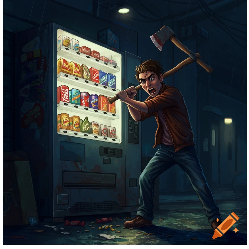 An angry cartoon man wields an axe, about to smash a brightly lit vending machine in a dark, rainy alley.