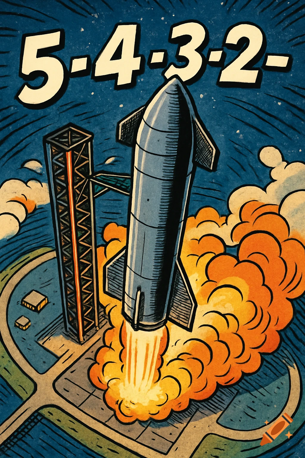 Comic book illustration of a Starship rocket launching from a pad under a night sky, with '5-4-3-2-' countdown text.