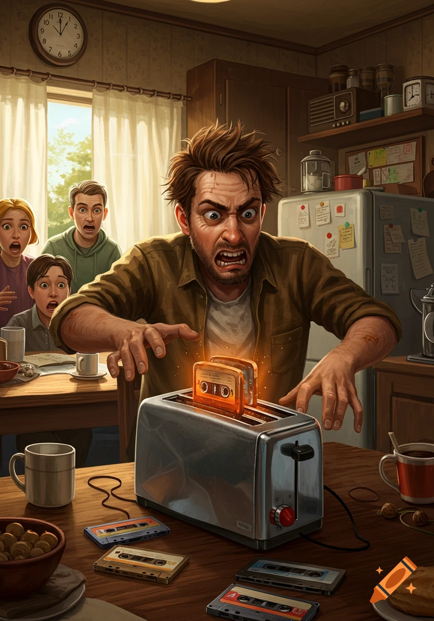 An aggravated man attempts to toast cassette tapes in a kitchen toaster, while his shocked family watches in the background. The tapes glow brightly.