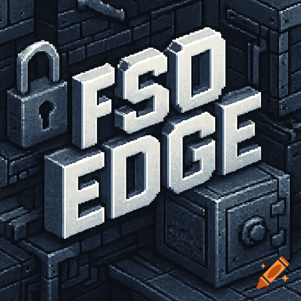 16-bit pixel art logo for FSO EDGE, featuring a padlock and safe on a dark block background.