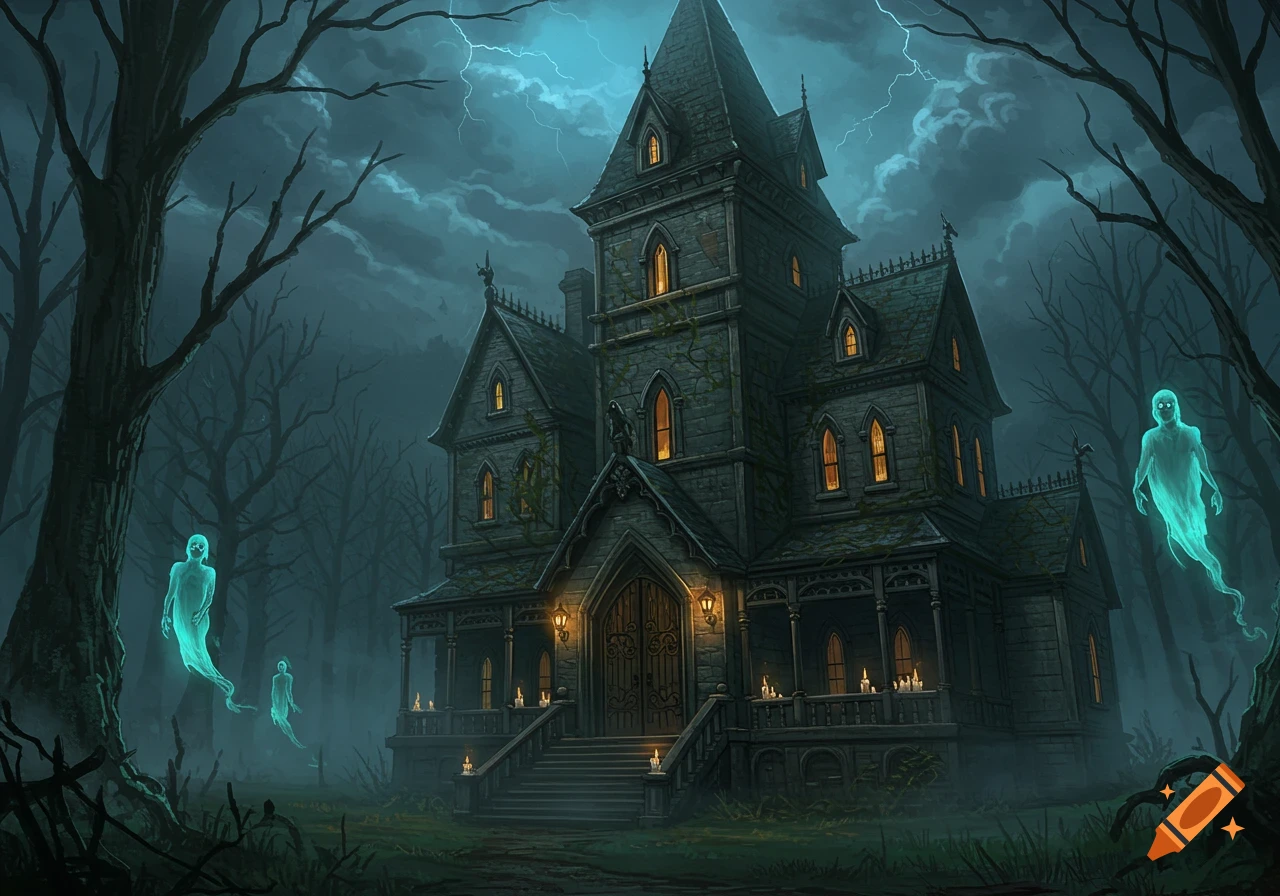 A dark gothic haunted mansion under a stormy, lightning-filled sky, with spectral blue ghosts floating among bare trees in a dark fantasy art style.