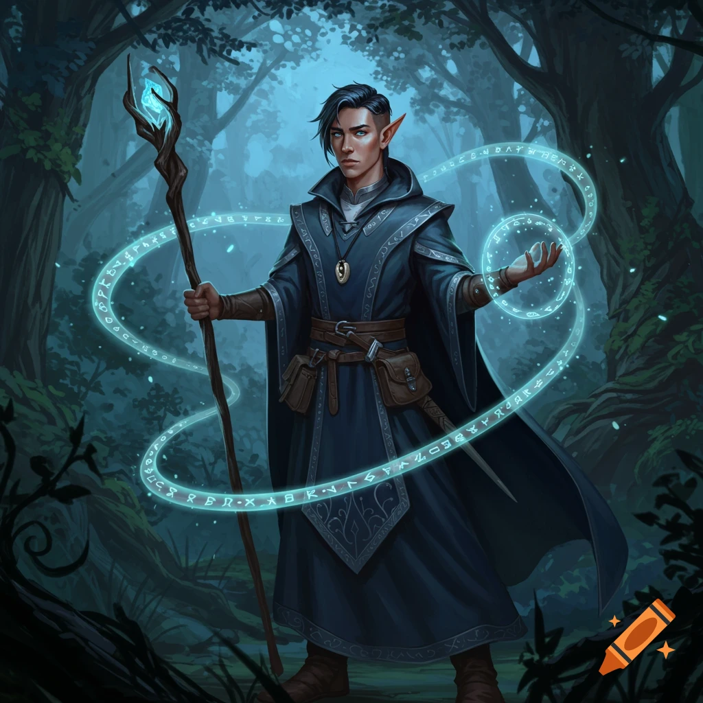 A young male elf warlock in a blue robe stands in a dark forest, holding a glowing staff and casting a spell with swirling runes.