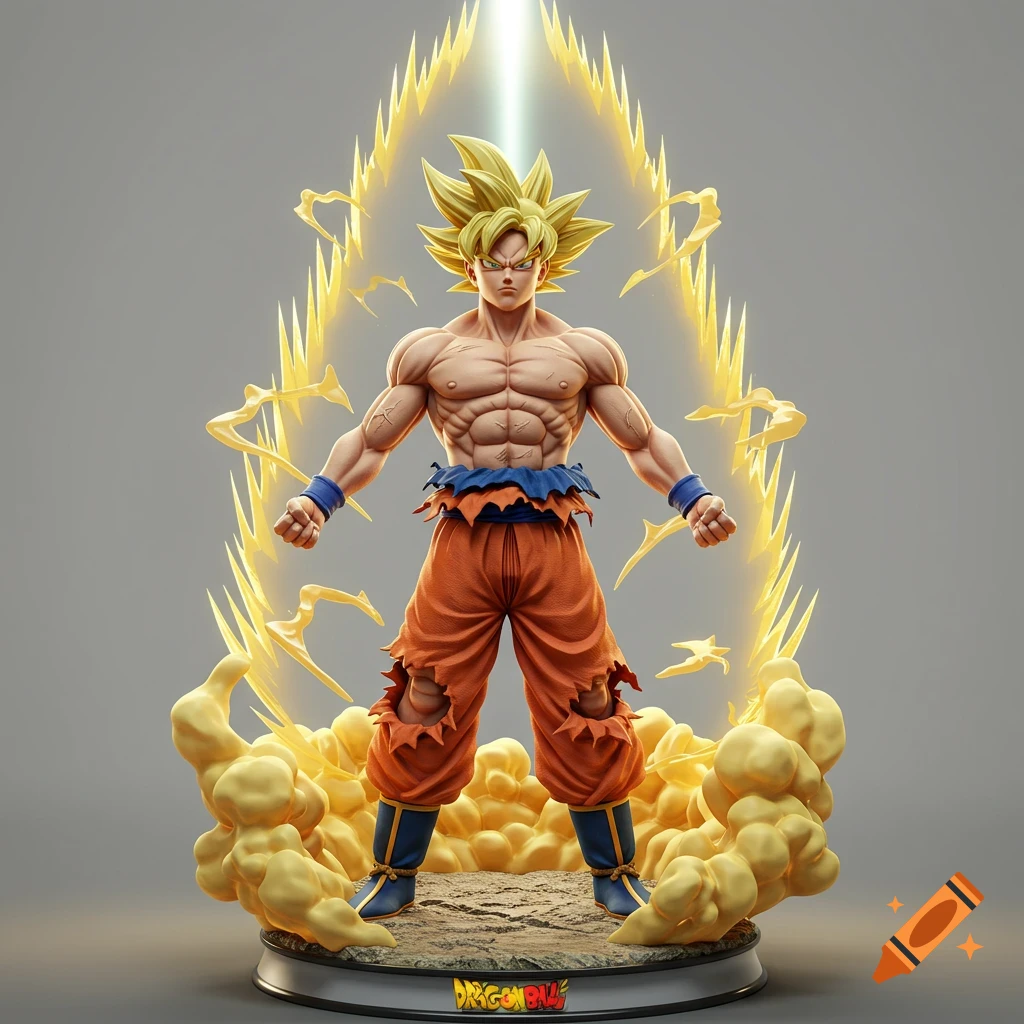 A detailed 3D model of Super Saiyan Goku, muscular and shirtless in orange pants, standing on a base with golden energy around him.