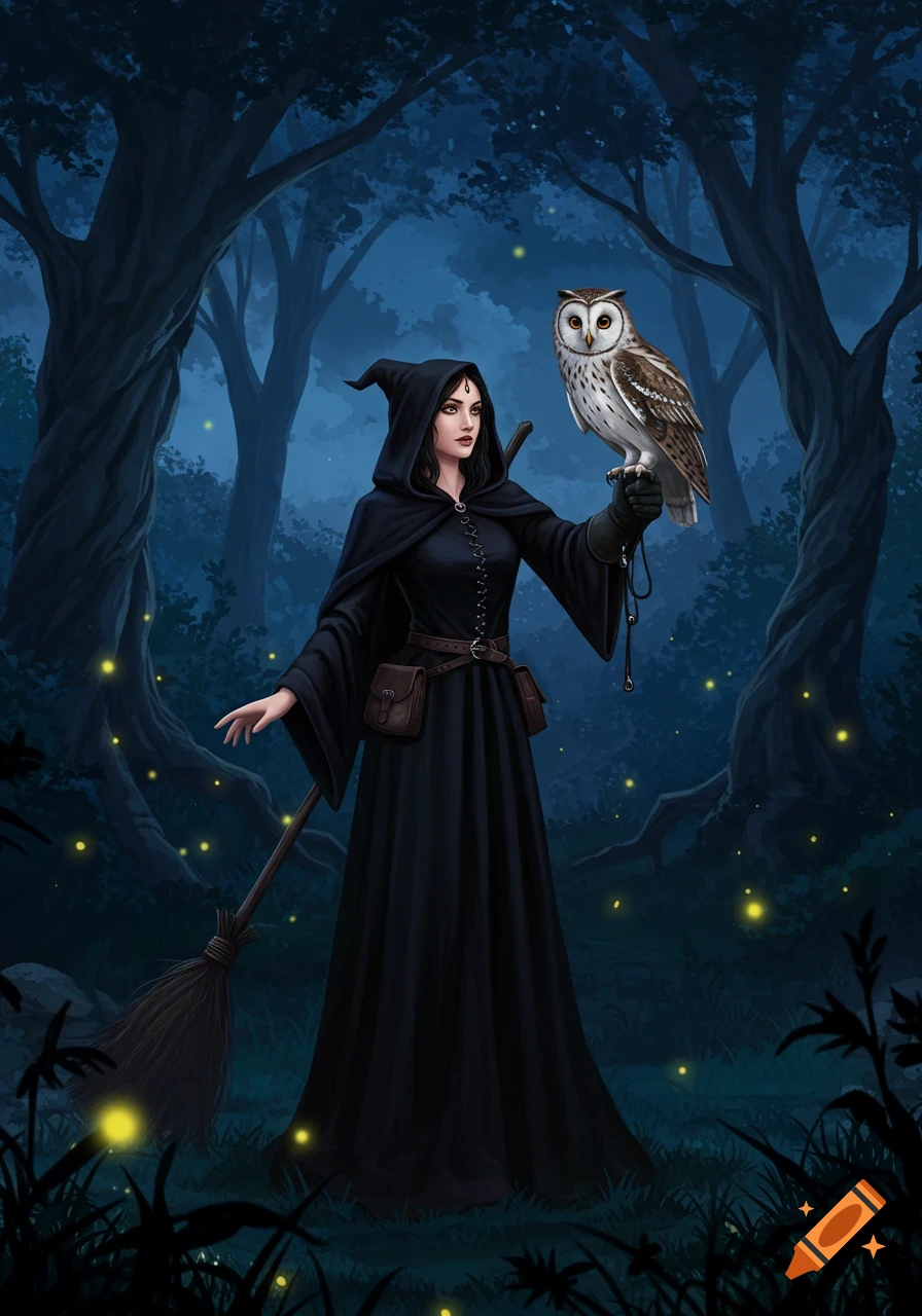 A dark fantasy illustration of a witch in a black cloak holding an owl in a glowing forest at night.