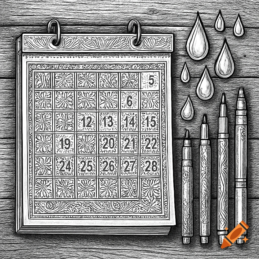 Black and white drawing of a decorative calendar, several pens, and water droplets on a wooden surface.