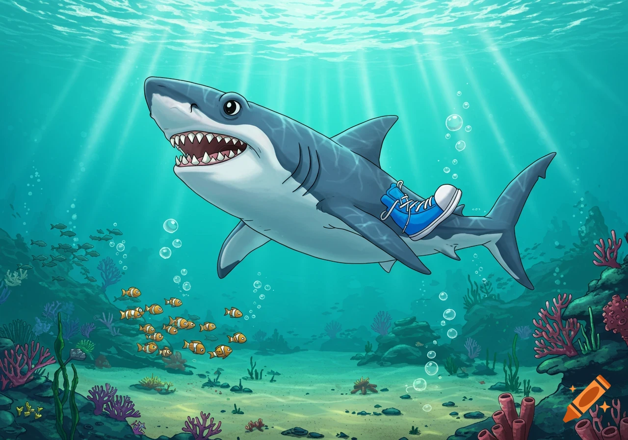 A colorful cartoon great white shark swimming underwater, wearing bright blue sneakers, surrounded by coral and small fish.