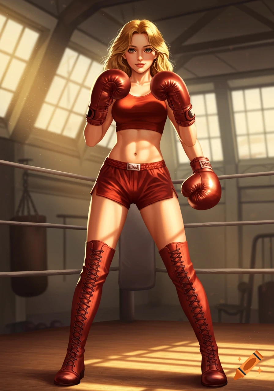 A cute blonde woman in a red sports bra, shorts, knee-high laced boots, and boxing gloves stands in a boxing ring, digital art.