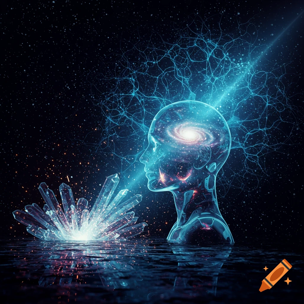 A glowing translucent human head with a galaxy inside, connected by blue light to sparkling crystals on water, against a starry sky.