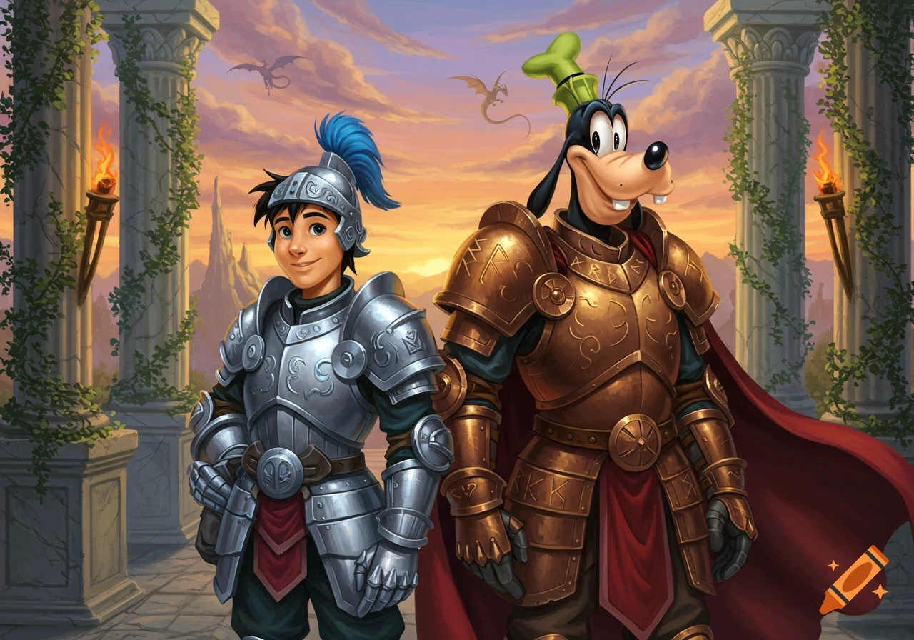 Cartoon Max in silver armor and Goofy in gold armor stand against ancient columns at sunset with dragons in the sky.