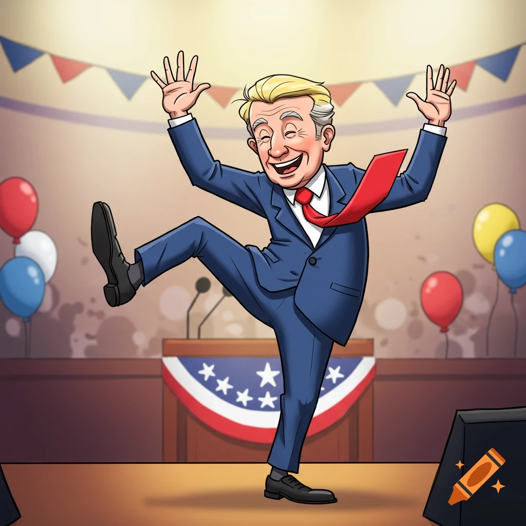 Cartoon of an older presidential politician with blonde hair in a suit and red tie, doing a playful kick on a stage with balloons.