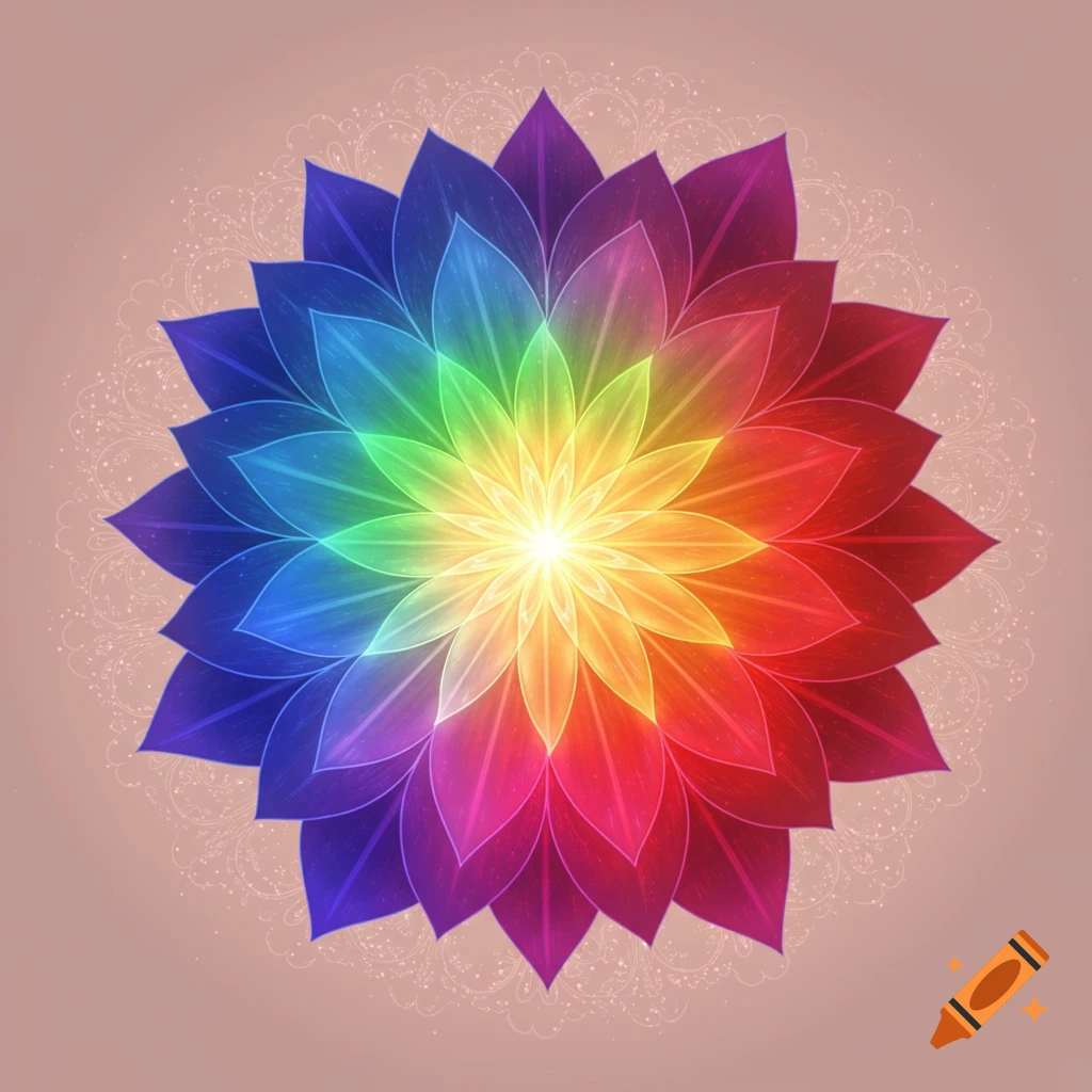 A vibrant, rainbow-colored mandala in the shape of a flower with a glowing center against a light pink background.
